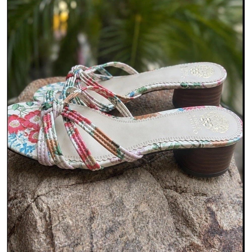 Vince Cameo 6.5 Pastel Floral Strappy Block Heel Mule Sandals Braided Wood